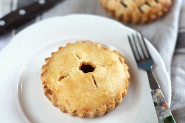 Traditional rustic homemade american  apple cherry pie on white plate with fork