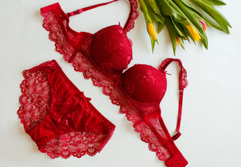 Red women underwear and spring Tulips flowers in pink tones . Red bra and pantie. Copy space. Beauty, fashion blogger concept. Romantic lingerie for Valentine's day temptation.Erotic concept.