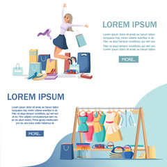 Colorful shopping paper bags. Happy women on white shirt and blue skirt. Cartoon character design. Full shopping bags, discount concept. Bags for clothes. Flat vector illustration on white background