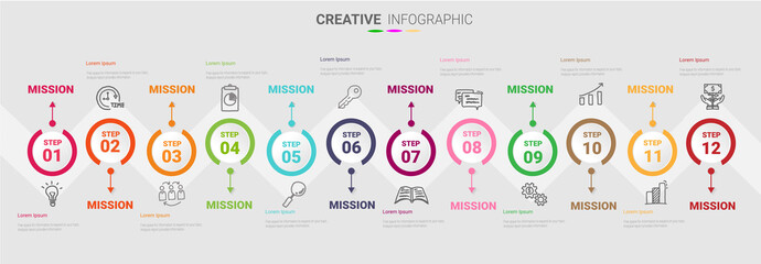 Time line for 1 year, 12 months, Timeline infographics design vector 12 steps.