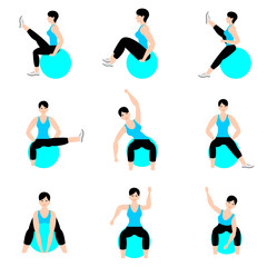 Fototapeta na wymiar Set of young girls doing exercises in the gym. Beautiful young woman doing exercises with ball. Full color flat vector illustration. 