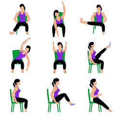 Set of young girls doing exercises in the gym. Beautiful woman doing exercises with chair. Full color flat vector illustration.  - 254451199