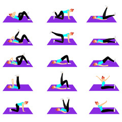 Set of young girls doing exercises in the gym. Arms, legs and butt training for women.  Full color flat vector illustration. 