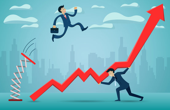 Teamwork Concept. Businessmen Jumping From Springboard Across The Red Arrow Go To Success Goal. Business Finance Concept. Creative Idea. Illustration Cartoon Vector