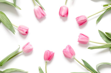 Floral background with tulips flowers on white background. Flat lay, top view. Lovely greeting card with tulips for Mothers day, wedding or happy event - Image.