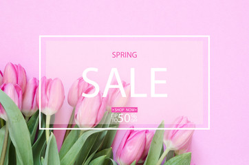 Spring sale background with  of spring flowers- tulips.