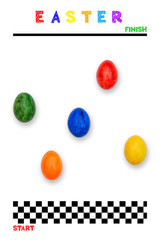 Colorful easter eggs. Egg competition. Creative concept of approaching Easter. View from above