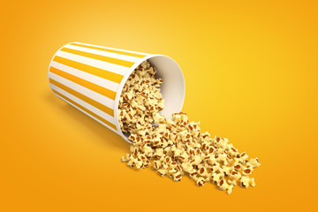 3d rendering of a popcorn bucket lying sidelong with some popcorn spilt out.