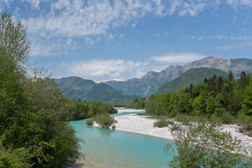 Fototapeta na wymiar Turquoise river Isonzo flows in the valley