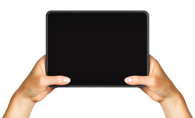 Women's hand showing black tablet, concept of taking photo or selfie