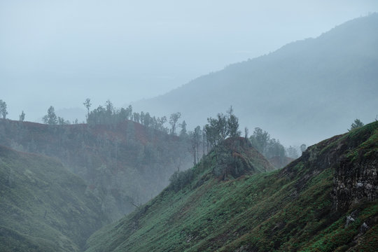 Mountain view from the top of the volcano Ijen.