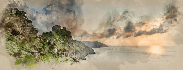 Watercolor painting of Panorama sunset landscape of Valley Of The Rocks in Devon England