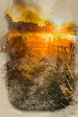 Watercolor painting of Stunning sunrise landscape over foggy English countryside with glowing sun