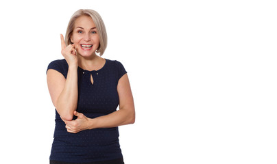 Fototapeta premium Happy woman emotionally posing in studio. Middle aged woman on white background
