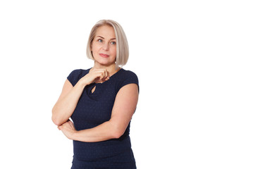 Happy woman emotionally posing in studio. Middle aged woman on white background