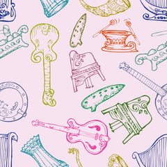 music instrument seamless pattern isolated on pink background