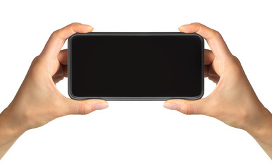 Women's hand showing black smartphone, concept of taking photo or selfie