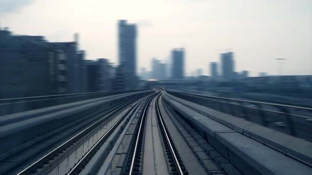 Railway Train View Driving Through Modern City Skyline District