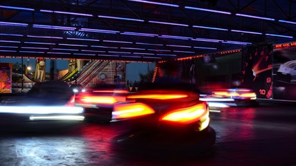 Attraction on the night embankment. Races on electric cars. 