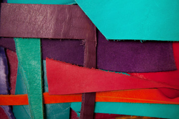 Sliced leather strips. Colorful background and texture.