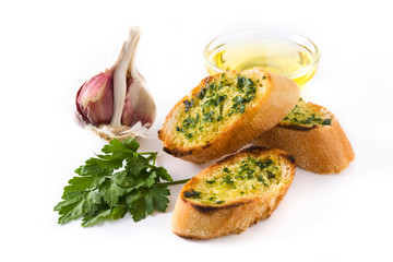 Garlic breads slice with ingredients isolated on white background