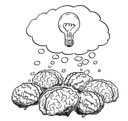 Cartoon drawing and conceptual illustration of group of human brains thinking together as team brainstorming metaphor, with light bulb in speech bubble.