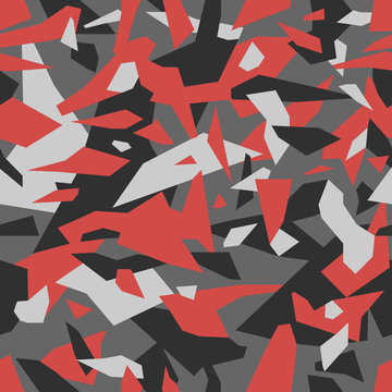 Geometric camouflage seamless pattern. Urban military clothing style, masking camo repeat print. Grey red and black color. Vector Texture