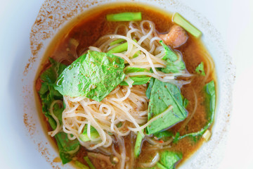Thai flavor style food of boat noodle with black soup