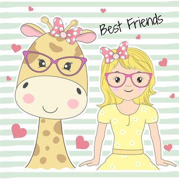Greeting card cute adorable baby giraffe and little girl princess. Best friends.