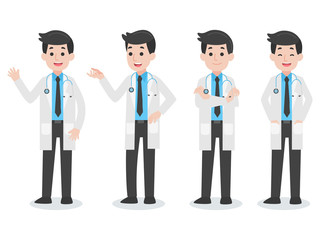 Set of Doctor holding fan have heatstroke in summer concept, hot weather, cartoon character vector in flat design Medical Health care Life.