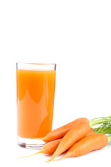 Fresh carrot with glass of juice isolated on white background