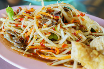Traditional local Thai food papaya salad with pickled fish sauce close up