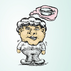 Fat boy thinking about food hand draw illustration isolated on blue
