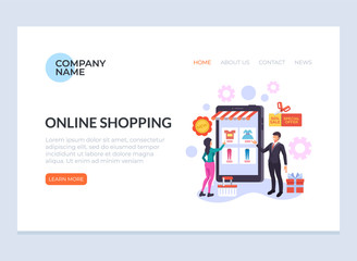 Woman consumer character making purchasing in internet store shop. Online shopping e commerce concept. Vector flat cartoon graphic design banner poster web page illustration