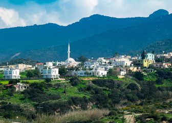 Landscape with muslim village with a mosque on the background of the mountain.