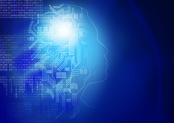 head outline with circuit board and number binary digit on blue background, Artificial intelligence or ai concept