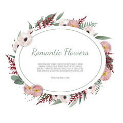 Vector floral design card. Greeting, postcard wedding invite template. Elegant frame with rose and anemone