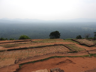 Naklejka premium Ruins of the Royal Palace on top of lion rock, Sigiriya, Sri Lanka, UNESCO world heritage Site