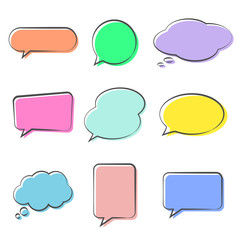 Various Cute speech bubble doodle stickers set with multiple colors - stock vector