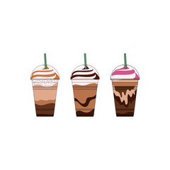 Coffee and frappuccino drinks in plastic cups vector illustration. Coffee with whipped cream in takeaway cup.