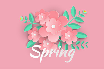 Hello Spring sale background with beautiful paper flowers,brochures or banner,Paper art style.