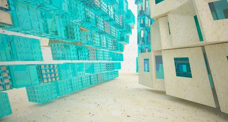 Abstract  concrete and coquina parametric interior  with window. 3D illustration and rendering.