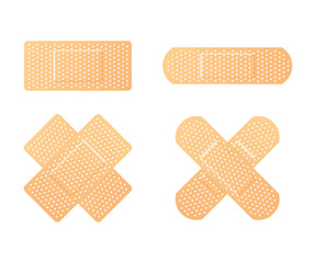Elastic medical plasters. Adhesive bandage, called a sticking plaster collection. Vector illustration.