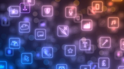 flow of smartphone app icons. neon style glowing icons. 3d illustration