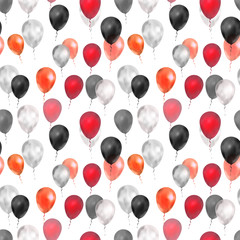 Luxury balloons in red, silver and black colours, seamless pattern on white