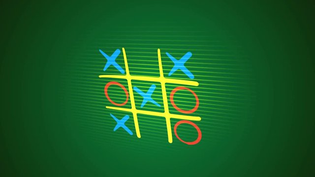 Impressive 3d rendering of a noughts and crosses play with a yellow grid, orange and blue marks and an original end with a long salad line in the green background. It looks childish and nice.