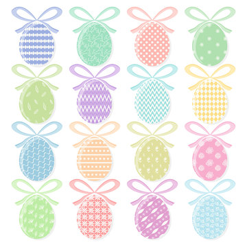 Set of tender colorful vector Happy Easter eggs with white decoration and ribbons. Collection of flat egg icons with striped and dotted decor for Easters banner, greeting card design