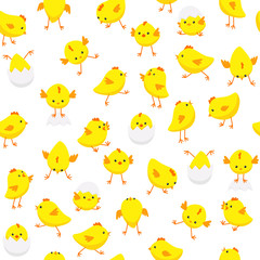 Seamless Easter pattern with cute chicks in various poses isolated on white background © Elokua