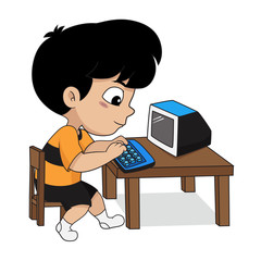 Children play a computer.