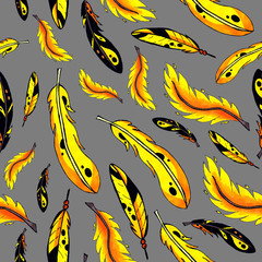yellow and orange feathers seamless pattern. colorful bird feathers repeating background for web and print purpose. marker art